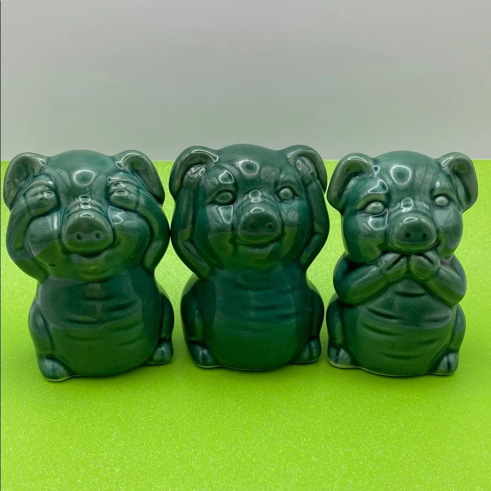 “See No Evil Hear No Evil Speak No Evil” Ceramic Green Piggies